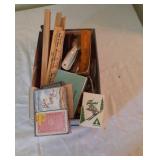 Ultra Sharp knife, playing cards, ruler, push pins
