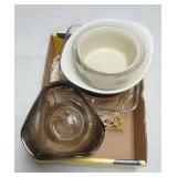 Hull Pottery small dish, ruffle top brown bowl,