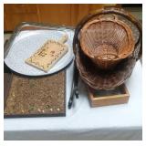 2 baskets, wall knickknack boxes, TV tray stand,
