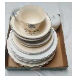 milk glass cup and apple with cover, decor plates,