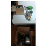 2 green enamelware pots, Morton