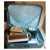 vintage suitcase, 3 cameras, 8 track tapes,