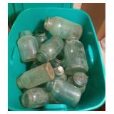 tote of Altas and Ball jars - some blue glass and
