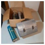 vintage lunch box and 3 theromses