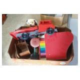 toy Jaymar piano, wood cart, pull musical dog in