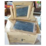 doll dresser, doll bed, clothes & small chalkboard