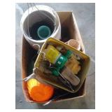 garden lot - dog stake, shears, terra cotta pots,