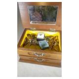 small jewelry box and contents - misc rings, tie