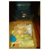3 piece vintage luggage, dolls, doll clothes,