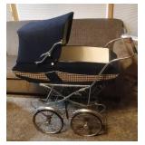 vintage Stroller / Buggy with blue fabric, leather