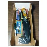 6 folding knives, fixed blade with sheath and card