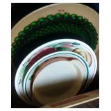 Fire King pie plate, 2 large serving bowls, green