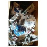 blue/white plates, green vase, blue bottles,