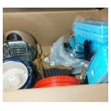 blue enamel pot, pestles, stove top burner covers,