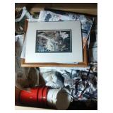 small red and white buckets, picture frames, horse