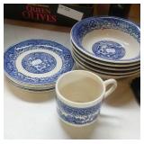 blue/white saucers, bowls and cup