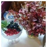 vase and flowers,glass pedestal bowl with plastic