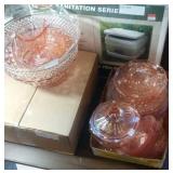 pink glass lot - punch bowl, plates, cups, candy