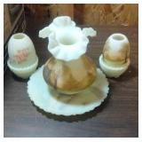 milky green ruffle top vase, plate & 2 egg candle