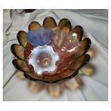 4 Carnival glass pieces - 1 large bowl and 3 small