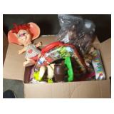 box of toys including Shrek, Marvel potty seat,