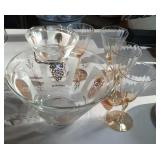 chip and dip bowls with gold grapes, and 4 water