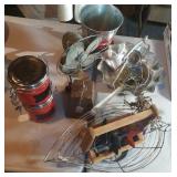 2 red bailed canisters, Coca-Cola galvanized pail,