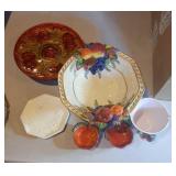 fruit bowl, rose plate, pie plate, small apple