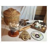 stoned carved mask, globe of sea shells, "shuttle"