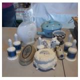 cow butter dish, milk glass pitcher, Elvis bells,