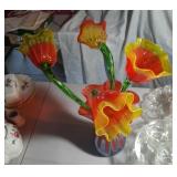 glass flowers in blue and red vase - stands 21