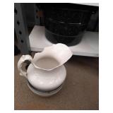 black enamel canner, lid and rack, white pitcher