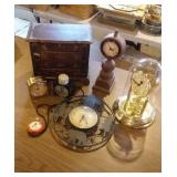 6 clocks and  jewelry box, tallest clock is 13