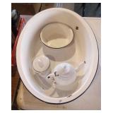 large enamel basin, tea pot and small bowl