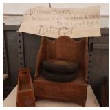 "Horse" sticker, small wood tray, 2 vintage wheels