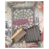 Morning Glory metal milk crate, level, sickle,