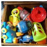 wood toy box and contents including Tonks, Fisher
