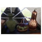 4 pieces - 15 inch green stone vase, woven basket