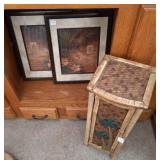 little bamboo cabinet and 2 tropical pictures