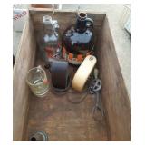 wood crate with A&W Root Beer jugs and mugs,
