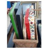 wood crate, wall decor, lined red basket, and
