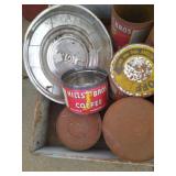 metal box of Hills Bros. coffee cans& GMC hubcap