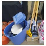 3 mop handles, mop heads, garbage cans, dust