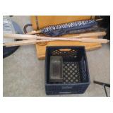 3 umbrellas, bread pans, black milk crate and 2