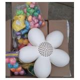 hanging lighted eggs, lighted white flower,