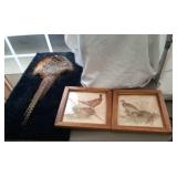 pheasant feather mount & 2 small pheasant/quail