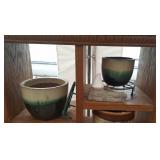 2 aqua painted clay pots, gnome, & 2 plant bases