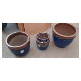 3 blue clay pots & 1 terra cotta painted pot