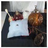 amber swag hanging light, oil base, white shade,