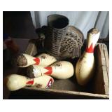 4 vintage bowling pins, vintage Black Hawk corn